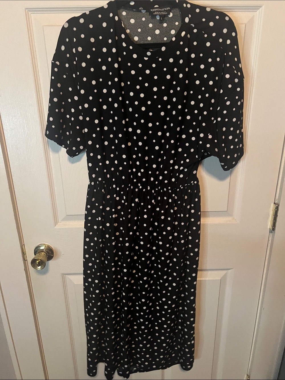 Polka Dot Midi Dress with Elastic Waist — Black/White